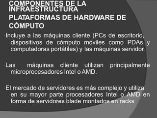 COMPONENTES DE LA
INFRAESTRUCTURA
PLATAFORMAS DE HARDWARE DE
CÓMPUTO
Incluye a las máquinas cliente (PCs de escritorio,
dispositivos de cómputo móviles como PDAs y
computadoras portátiles) y las máquinas servidor.
Las máquinas cliente utilizan principalmente
microprocesadores Intel o AMD.
El mercado de servidores es más complejo y utiliza
en su mayor parte procesadores Intel o AMD en
forma de servidores blade montados en racks
 