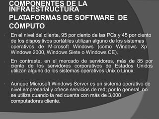 COMPONENTES DE LA
INFRAESTRUCTURA
PLATAFORMAS DE SOFTWARE
CÓMPUTO
DE
En el nivel del cliente, 95 por ciento de las PCs y 45 por ciento
de los dispositivos portátiles utilizan alguno de los sistemas
operativos de Microsoft Windows (como Windows Xp
Windows 2000, Windows Siete o Windows CE).

En contraste, en el mercado de servidores, más de 85 por
ciento de los servidores corporativos de Estados Unidos
utilizan alguno de los sistemas operativos Unix o Linux.

Aunque Microsoft Windows Server es un sistema operativo de
nivel empresarial y ofrece servicios de red; por lo general, no
se utiliza cuando la red cuenta con más de 3,000
computadoras cliente.

 