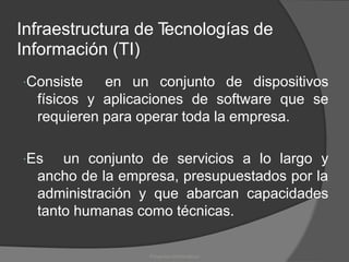 Infraestructura de T
ecnologías de
Información (TI)
Consiste en un conjunto de dispositivos
físicos y aplicaciones de software que se
requieren para operar toda la empresa.
Es un conjunto de servicios a lo largo y
ancho de la empresa, presupuestados por la
administración y que abarcan capacidades
tanto humanas como técnicas.
Proyectos Informáticos
 