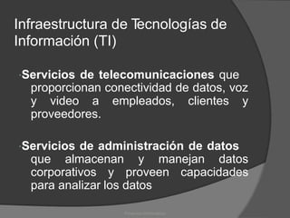 Infraestructura de T
ecnologías de
Información (TI)
Servicios de telecomunicaciones que
proporcionan conectividad de datos, voz
y video a empleados, clientes y
proveedores.
Servicios de administración de datos
que almacenan y manejan datos
corporativos y proveen capacidades
para analizar los datos
Proyectos Informáticos
 