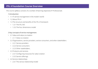 ITIL 4 Foundation Course Overview
The course syllabus consists of a number of learning objectives:IT Professionals
1 Introduction
• 1.1 IT service management in the modern world
• 1.2 About ITIL 4
• 1.3 The structure and benefits of the ITIL 4 framework
• 1.3.1 The ITIL SVS
• 1.3.2 The four dimensions model
2 Key concepts of service management
• 2.1 Value and value co-creation
• 2.1.1 Value co-creation
• 2.2 Organizations, service providers, service consumers, and other stakeholders
• 2.2.1 Service providers
• 2.2.2 Service consumers
• 2.2.3 Other stakeholders
• 2.3 Products and services
• 2.3.1 Configuring resources for value creation
• 2.3.2 Service offerings
• 2.4 Service relationships
• 2.4.1 The service relationship model
 