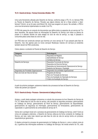 TIL V3 – Desenho do Serviço – Técnicas, Ferramentas e Modelos – PDS

Uma outra ferramenta utilizada pelo Desenho do Serviço, conforme prega o ITIL V3, é o famoso PDS
ou Pacote de Desenho de Serviço. Percebo que alguns leitores vão ler a frase anterior e dizer:
famoso? Hmmm, só se for para você Breno! Ok. Acho que exagerei um pouco. Na verdade, o PDS é
uma nova ferramenta implementada na versão 3 do ITIL.
O PDS não passa de um conjunto de documentos que define todos os aspectos de um serviço de TI e
seus requisitos. Ele agrupa todos as informações do Desenho do Serviço com todos os planos do
projeto e é utilizado através de cada estágio do ciclo de vida do serviço, ou seja, é passado e
consumido pelas outras fases do ciclo de vida.
Um PDS deve ser construído sempre que tivermos um novo serviço de TI que passará pela fase de
Desenho, mas não apenas para os novos serviços! Mudanças maiores em serviços já existentes
também devem ter PDS construídos.
Coloco abaixo o conteúdo do Pacote de Desenho de Serviço:
Categoria
Requisitos
Desenho de Serviços

Diagnóstico de Prontidão Organizacional
Plano de Ciclo de Vida de Serviço

Subcategoria
Requisitos de Negócio
Aplicabilidade de Serviço
Contatos de Serviço
Requisitos Funcionais de Serviço
Requisitos de Nível de Serviço
Requisitos de Gerenciamento Operacional de Serviço
Desenho de Serviços e Topologia
Diagnóstico de prontidão organizacional
Programa de Serviço
Plano de Transição de Serviços
Plano de Aceitação de Operação de Serviços
Critério de Aceitação de Serviço

A partir da próxima postagem, estaremos tratando dos processos da fase do Desenho do Serviço.
Vocês não perdem por esperar!!
ITIL V3 – Desenho do Serviço – Processos – Gerenciamento do Catálogo de Serviço

Amigos, a partir desta postagem entraremos no estudo dos processos do livro Desenho do Serviço do
ITIL V3. Nesta fase do ciclo de vida do serviço, são previstos os seguintes processos: gerenciamento
do Catálogo de Serviço, gerenciamento de Nível de Serviço, gerenciamento da disponibilidade,
gerenciamento da segurança da informação, gerenciamento de fornecedores, gerenciamento da
capacidade e o gerenciamento da continuidade de serviço de TI.
Vamos dar o pontapé inicial com o processo de gerenciamento do Catálogo de Serviço, certo? Como já
vimos em postagens anteriores, o Desenho de Serviço utiliza-se de forma constante do Catálogo de
Serviço, por isso, nada mais natural que esta fase do ciclo de vida do serviço tenha um processo
responsável por gerenciá-lo.
O objetivo principal do processo de gerenciamento do Catálogo de Serviço é, como o próprio nome já
diz, a gerência das informações existentes no Catálogo de Serviços. Na versão anterior do ITIL, esta

25

 