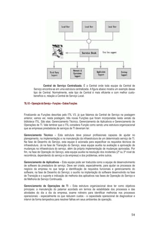 Central de Serviço Centralizada. É a Central onde toda equipe da Central de
Serviço encontra-se em uma estrutura centralizada. A figura abaixo mostra um exemplo desse
tipo de Central. Normalmente, este tipo de Central é mais eficiente e com melhor custobenefício e, relação a Central de Serviço Local.
TIL V3 – Operação do Serviço – Funções – Outras Funções

Finalizando as Funções descritas pelo ITIL V3, já que falamos da Central de Serviço na postagem
anterior, vamos ver, nesta postagem, três novas Funções que foram incorporadas nesta versão da
biblioteca ITIL. São elas: Gerenciamento Técnico, Gerenciamento de Aplicativos e Gerenciamento de
Operações de TI. Vale lembrar que o ITIL considera Função como sendo uma estrutura organizacional
que as empresas prestadoras de serviços de TI deveriam ter.
Gerenciamento Técnico – Esta estrutura deve possuir profissionais capazes de ajudar no
planejamento, na implementação e na manutenção da infraestrutura de um determinado serviço de TI.
Na fase de Desenho do Serviço, esta equipe é acionada para especificar os requisitos técnicos de
infraestrutura. Já na fase de Transição do Serviço, essa equipe auxilia na avaliação e aprovação de
mudanças na infraestrutura do serviço, além da própria implementação de mudanças aprovadas. Por
fim, na fase de Operação do Serviço, esta equipe auxilia na resolução dos incidentes (2º ou 3º nível de
recorrência, dependendo do serviço e da empresa) e dos problemas, entre outros.
Gerenciamento de Aplicativos – Esta equipe pode ser traduzida como a equipe de desenvolvimento
de software da prestadora de serviço. Deve ser criada, especialmente, para ajudar os processos de
negócio da empresa no que tange a identificação de requisitos funcionais e gerenciamento do
software, na fase de Desenho do Serviço; o auxílio na implantação do software desenvolvido na fase
de Transição e o suporte e indicação de melhoria dos aplicativos nas fases de Operação do Serviço e
de Melhoria de Serviço Continuada.
Gerenciamento de Operações de TI – Esta estrutura organizacional deve ter como objetivos
principais: a manutenção do patamar acordado em termos de estabilidade dos processos e das
atividades do dia a dia da empresa, exame rotineiro para identificar melhorias nos processos
operacionais - especialmente os que reduzem custos - e capacidade operacional de diagnosticar e
intervir de forma tempestiva para resolver falhas em seus ambientes de operação.

54

 