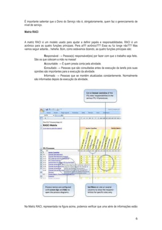 É importante salientar que o Dono do Serviço não é, obrigatoriamente, quem faz o gerenciamento de
nível de serviço.
Matriz RACI
A matriz RACI é um modelo usado para ajudar a definir papéis e responsabilidades. RACI é um
acrônico para as quatro funções principais. Pera aí!!!! acrônico??? Essa eu fui longe não??? Mas
vamos seguir adiante... hehehe. Bom, como estávamos dizendo, as quatro funções principais são:
Responsável → Pessoa(s) responsável(eis) por fazer com que o trabalho seja feito.
São os que colocam a mão na massa!
Accountable → É quem presta conta pela atividade.
Consultado → Pessoas que são consultadas antes da execução da tarefa pois suas
opiniões são importantes para a execução da atividade.
Informado → Pessoas que se mantêm atualizadas constantemente. Normalmente
são informadas depois da execução da atividade.

Na Matriz RACI, representada na figura acima, podemos verificar que uma série de informações estão

6

 