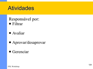 Atividades
 Responsável por:
    Filtrar

    Avaliar

    Aprovar/desaprovar

    Gerenciar


                          124
ITIL Workshop
 
