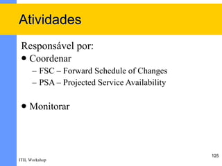 Atividades
 Responsável por:
    Coordenar
      – FSC – Forward Schedule of Changes
      – PSA – Projected Service Availability

    Monitorar



                                               125
ITIL Workshop
 