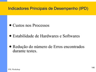 Indicadores Principais de Desempenho (IPD)



    Custos nos Processos

    Estabilidade de Hardwares e Softwares

    Redução do número de Erros encontrados
     durante testes.


                                              146
ITIL Workshop
 