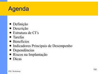 Agenda

    Definição
    Descrição
    Estrutura de CI’s
    Tarefas
    Benefícios
    Indicadores Principais de Desempenho
    Dependências
    Riscos na Implantação
    Dicas

                                            152
ITIL Workshop
 