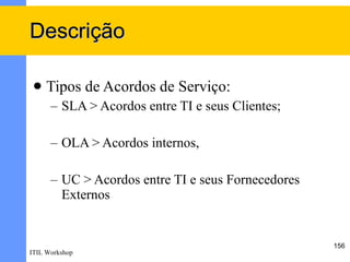 Descrição

    Tipos de Acordos de Serviço:
      – SLA > Acordos entre TI e seus Clientes;

      – OLA > Acordos internos,

      – UC > Acordos entre TI e seus Fornecedores
        Externos


                                                    156
ITIL Workshop
 