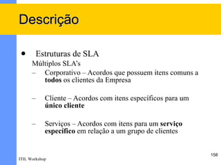 Descrição

       Estruturas de SLA
      Múltiplos SLA’s
      – Corporativo – Acordos que possuem itens comuns a
         todos os clientes da Empresa

      –     Cliente – Acordos com itens específicos para um
            único cliente

      –     Serviços – Acordos com itens para um serviço 
            específico em relação a um grupo de clientes


                                                              158
ITIL Workshop
 