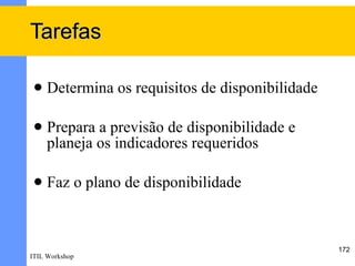 Tarefas

    Determina os requisitos de disponibilidade

    Prepara a previsão de disponibilidade e
     planeja os indicadores requeridos

    Faz o plano de disponibilidade



                                                  172
ITIL Workshop
 