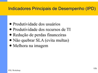 Indicadores Principais de Desempenho (IPD)


  Produtividade dos usuários
  Produtividade dos recursos de TI
  Redução de perdas financeiras
  Não quebrar SLA (evita multas)
  Melhora na imagem




                                        179
ITIL Workshop
 