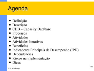 Agenda
    Definição
    Descrição
    CDB – Capacity Database
    Processos
    Atividades
    Atividades Iterativas
    Benefícios
    Indicadores Principais de Desempenho (IPD)
    Dependências
    Riscos na implementação
    Dicas
                                                  184
ITIL Workshop
 