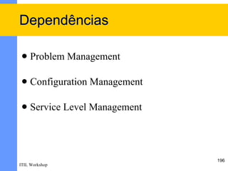 Dependências

    Problem Management

    Configuration Management

    Service Level Management




                                196
ITIL Workshop
 