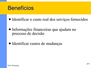 Benefícios
    Identificar o custo real dos serviços fornecidos

    Informações financeiras que ajudam no
     processo de decisão

    Identificar custos de mudanças



                                                    211
ITIL Workshop
 