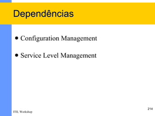 Dependências

    Configuration Management

    Service Level Management




                                214
ITIL Workshop
 