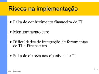 Riscos na implementação

    Falta de conhecimento financeiro de TI

    Monitoramento caro

    Dificuldades de integração de ferramentas
     de TI e Financeiras

    Falta de clareza nos objetivos de TI

                                                 215
ITIL Workshop
 