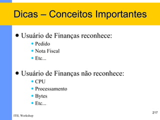 Dicas – Conceitos Importantes

    Usuário de Finanças reconhece:
            Pedido
            Nota Fiscal

            Etc...



    Usuário de Finanças não reconhece:
            CPU
            Processamento

            Bytes

            Etc...

                                          217
ITIL Workshop
 