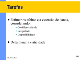 Tarefas

    Estimar os efeitos e a extensão de danos,
     considerando:
            Confidencialidade
            Integridade

            Disponibilidade



    Determinar a criticidade


                                                 240
ITIL Workshop
 