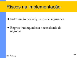 Riscos na implementação

    Indefinição dos requisitos de segurança

    Regras inadequadas a necessidade do
     negócio




                                               244
ITIL Workshop
 