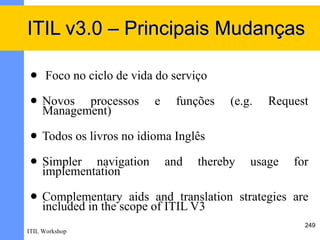 ITIL v3.0 – Principais Mudanças

     Foco no ciclo de vida do serviço
    Novos processos       e    funções    (e.g.   Request
     Management)
    Todos os livros no idioma Inglês
    Simpler navigation        and   thereby   usage   for
     implementation
    Complementary aids and translation strategies are
     included in the scope of ITIL V3
                                                         249
ITIL Workshop
 