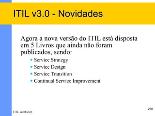 ITIL v3.0 - Novidades

     Agora a nova versão do ITIL está disposta
     em 5 Livros que ainda não foram
     publicados, sendo:
            Service Strategy
            Service Design

            Service Transition

            Continual Service Improvement




                                                 250
ITIL Workshop
 