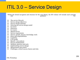 ITIL 3.0 – Service Design
 Within the formal navigation and structure for the core library, the SD volume will include such concepts
     and                                            guidance                                          for:

    The service lifecycle
    Service design objectives
    Service design elements
    Selecting the service design model
    In-source
    Outsource
    Co-source
    Shared service
    Service requirements
    Service, people, process, knowledge, tools
    Roles and responsibilities
    Capability
    Cost model
    Benefit / risk analysis
    Process fundamentals
    Methods, practices and tools
    Implementing service design
    Measurement and control
    Challenges, critical success factors and risks



                                                                                                             256
ITIL Workshop
 