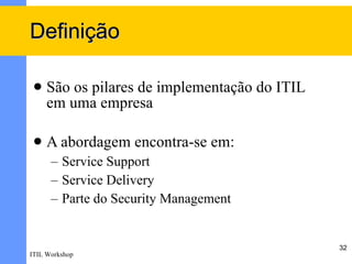 Definição

    São os pilares de implementação do ITIL
     em uma empresa

    A abordagem encontra-se em:
      – Service Support
      – Service Delivery
      – Parte do Security Management


                                               32
ITIL Workshop
 