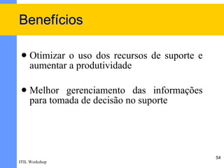 Benefícios

    Otimizar o uso dos recursos de suporte e
     aumentar a produtividade

    Melhor gerenciamento das informações
     para tomada de decisão no suporte




                                                54
ITIL Workshop
 