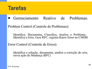 Tarefas
     Gerenciamento           Reativo       de     Problemas:
Problem Control (Controle de Problemas):

      Identifica, Documenta, Classifica, Analisa o Problema,
      Identifica o Erro, Gera RFC, registra Know Error no CMDB

Error Control (Controle de Erros):

      Identifica a solução, documenta, analisa a correção do erro,
      envia ação de Mudança (RFC)

                                                                     86
ITIL Workshop
 