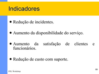 Indicadores

    Redução de incidentes.

    Aumento da disponibilidade do serviço.

    Aumento da      satisfação   de   clientes   e
     funcionários.

    Redução de custo com suporte.

                                                      89
ITIL Workshop
 