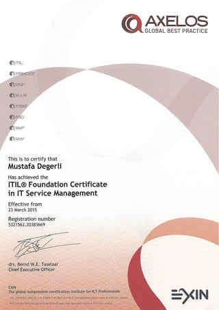 Mustafa Degerli – 2015 – ITIL Foundation Certificate in IT Service Management