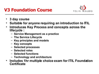 V3 Foundation Course 3 day course Suitable for anyone requiring an introduction to ITIL Introduces Key Process and concepts across the lifecycle : Service Management as a practice The Service Lifecycle Key principles and models Key concepts Selected processes Selected roles Selected functions Technology and architecture Includes 1hr multiple choice exam for ITIL Foundation Certificate 