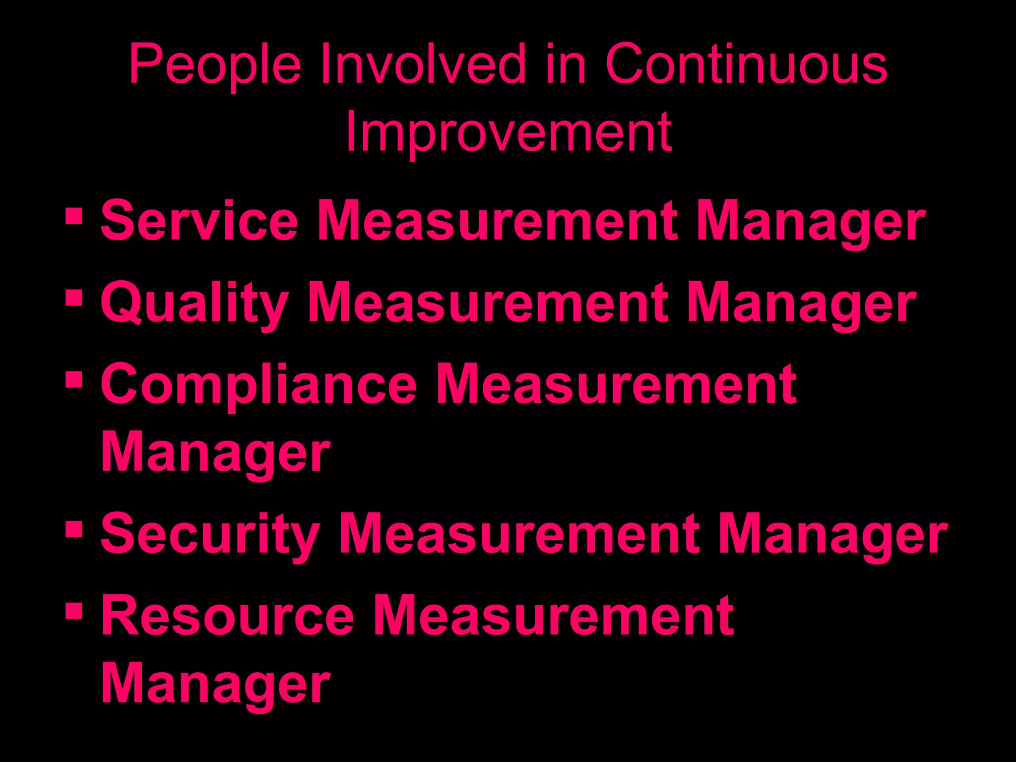 People Involved in Continuous Improvement Service Measurement Manager Quality Measurement Manager Compliance Measurement Manager Security Measurement Manager Resource Measurement Manager 