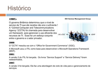 Histórico
     1980’s
     O governo Britânico determinou que o nível de
     serviço de TI que ele recebia não era o suficiente !
     A “Central Computer and Telecommunications
     Agency “(CCTA) foi chamada para desenvolver
     um framework para gerenciar o uso eficiente dos
     recursos de TI. Esse foi um esforço conjunto
     entre o governo e o setor privador.
     2000
     O “CCTA” mesclou-se com o “Office for Government Commerce” (OGC).
     A Microsoft usou o ITIL como base para desenvolver o Microsoft Operations Framework
     (MOF).
     2001
     A versão 2 do ITIL foi lançada. Os livros “Service Support” e “Service Delivery” foram
     redesenhados.
     2007
     A versão 3 foi lançada. Ela faz uma abordagem de ciclo de vida para o gerenciamento de
     serviços.
17
 
