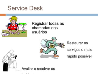 Service Desk

          Registrar todas as
          chamadas dos
          usuários

                               Restaurar os
                               serviços o mais
                               rápido possível


    Avaliar e resolver os
 