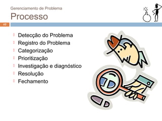 Gerenciamento de Problema

     Processo
47


         Detecção do Problema
         Registro do Problema
         Categorização
         Prioritização
         Investigação e diagnóstico
         Resolução
         Fechamento
 