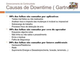 Gerenciamento de Continuidade

Causas de Downtime ( Gartner )
   40% das falhas são causadas por aplicativos
       Testes mal feitos ou não realizados
       Analisar risco e impacto das mudanças é inviável ou impossível
       Sobrecarga de trabalho
       Processo fraco de detecção de erro
   40% das falhas são causadas por erro do operador
       Esqueceu alguma coisa
       Não tinha ou não sabia o procedimento
       Errou o backup
       Falha de Segurança
   20% das falhas são causadas por fatores ambientais
       Hardware/Plataforma
       Rede
       Suprimento Energia e Desastre(enchente, furacão, terremoto...)
 