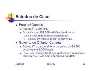 Estudos de Caso
   Procter&Gamble
        Adotou ITIL em 1997
        Economizou US$ 500 milhões em 4 anos:
             6 a 8% em corte de custos operacionais
             15 a 20% em redução de staff de tecnologia
   Governo de Ontario, Canadá
        Adotou ITIL para melhorar o serviço de 25.000
        usuários em 1.000 locais
        Criou um Service Desk que melhorou a resposta e
        reduziu os custos com chamados em 40%

05/03/2005                      GE-SP ITIL                22
 