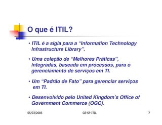 O que é ITIL?
• ITIL é a sigla para a “Information Technology
  Infrastructure Library”.
• Uma coleção de “Melhores Práticas”,
  integradas, baseada em processos, para o
  gerenciamento de serviços em TI.

• Um “Padrão de Fato” para gerenciar serviços
  em TI.

• Desenvolvido pelo United Kingdom’s Office of
  Government Commerce (OGC).
05/03/2005             GE-SP ITIL                 7
 