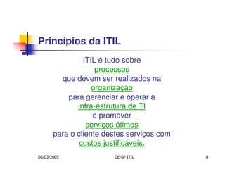 Princípios da ITIL
                ITIL é tudo sobre
                    processos
         que devem ser realizados na
                   organização
           para gerenciar e operar a
              infra-estrutura de TI
                   e promover
                 serviços ótimos
       para o cliente destes serviços com
               custos justificáveis.
05/03/2005              GE-SP ITIL          8
 