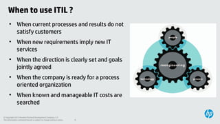 When to use ITIL ?
●

●

●

●

●

When current processes and results do not
satisfy customers
When new requirements imply new IT
services
When the direction is clearly set and goals
jointly agreed
When the company is ready for a process
oriented organization
When known and manageable IT costs are
searched

© Copyright 2013 Hewlett-Packard Development Company, L.P.
The information contained herein is subject to change without notice.

9

 