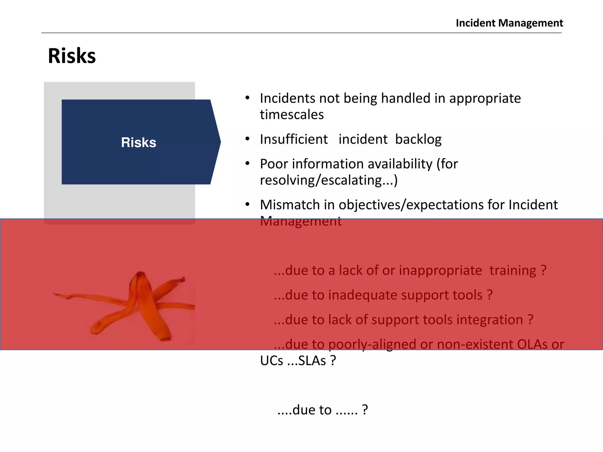 Incident Management
• Incidents not being handled in appropriate
timescales
• Insufficient incident backlog
• Poor information availability (for
resolving/escalating...)
• Mismatch in objectives/expectations for Incident
Management
...due to a lack of or inappropriate training ?
...due to inadequate support tools ?
...due to lack of support tools integration ?
...due to poorly-aligned or non-existent OLAs or
UCs ...SLAs ?
....due to ...... ?
Risks
Risks
 