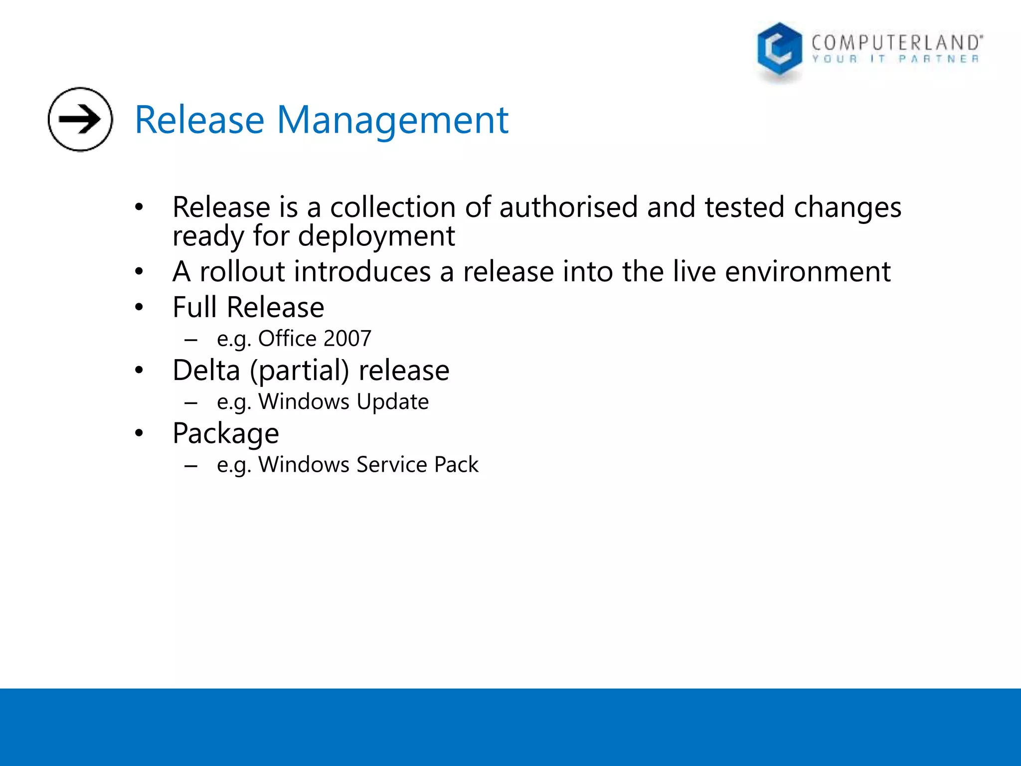 Release Management 
• Release is a collection of authorised and tested changes 
ready for deployment 
• A rollout introduces a release into the live environment 
• Full Release 
– e.g. Office 2007 
• Delta (partial) release 
– e.g. Windows Update 
• Package 
– e.g. Windows Service Pack 
 