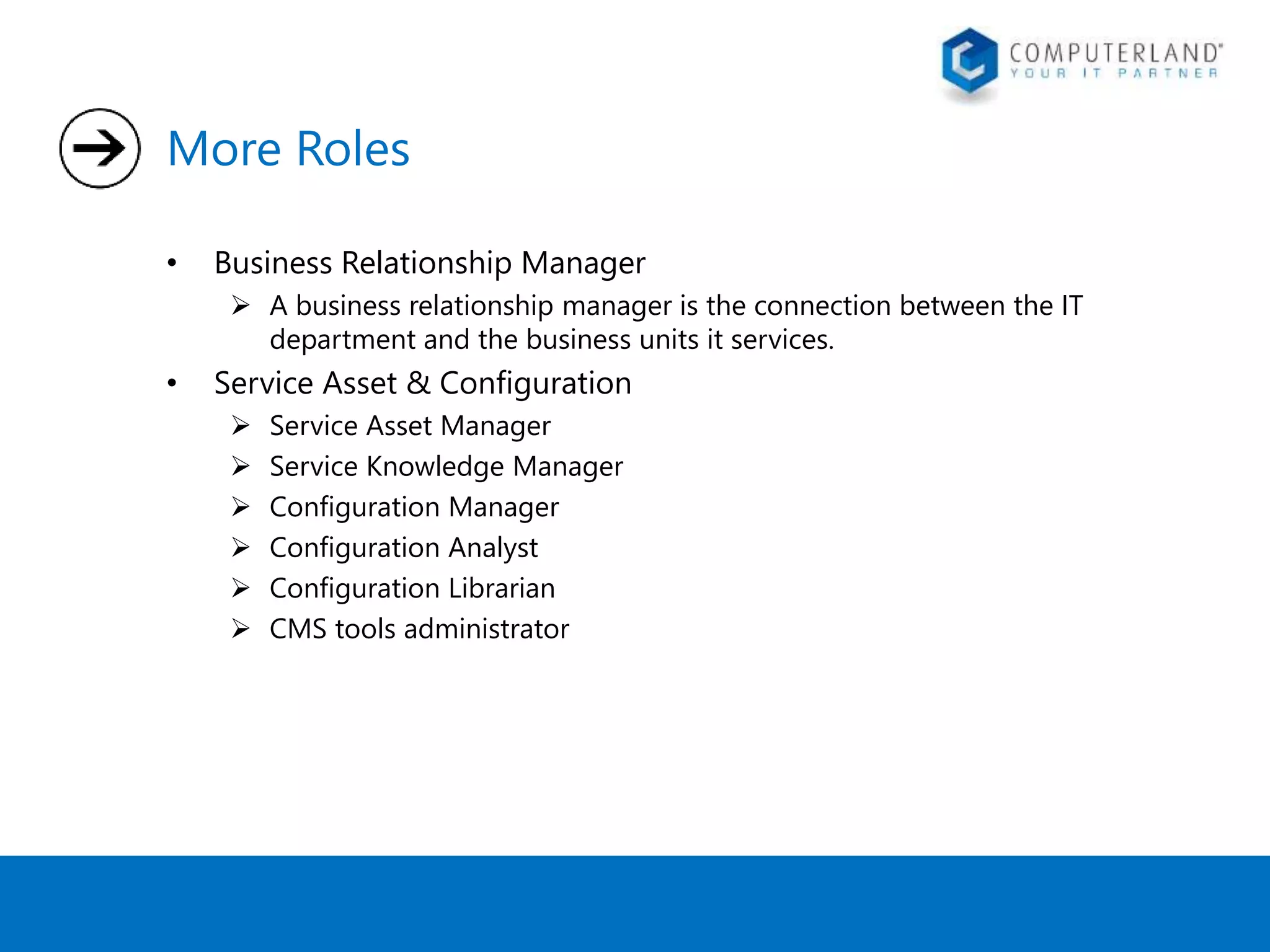 More Roles 
• Business Relationship Manager 
 A business relationship manager is the connection between the IT 
department and the business units it services. 
• Service Asset & Configuration 
 Service Asset Manager 
 Service Knowledge Manager 
 Configuration Manager 
 Configuration Analyst 
 Configuration Librarian 
 CMS tools administrator 
 