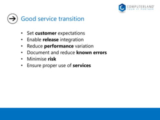 Good service transition 
• Set customer expectations 
• Enable release integration 
• Reduce performance variation 
• Document and reduce known errors 
• Minimise risk 
• Ensure proper use of services 
 