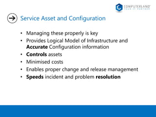Service Asset and Configuration 
• Managing these properly is key 
• Provides Logical Model of Infrastructure and 
Accurate Configuration information 
• Controls assets 
• Minimised costs 
• Enables proper change and release management 
• Speeds incident and problem resolution 
 