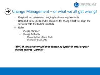 Change Management – or what we all get wrong! 
• Respond to customers changing business requirements 
• Respond to business and IT requests for change that will align the 
services with the business needs 
• Roles 
– Change Manager 
– Change Authority 
• Change Advisory Board (CAB) 
• Emergency CAB (ECAB) 
“80% of service interruption is caused by operator error or poor 
change control (Gartner)” 
 