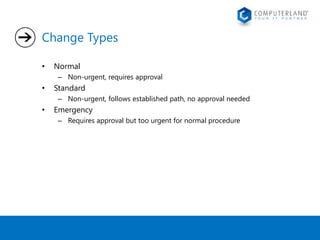 Change Types 
• Normal 
– Non-urgent, requires approval 
• Standard 
– Non-urgent, follows established path, no approval needed 
• Emergency 
– Requires approval but too urgent for normal procedure 
 