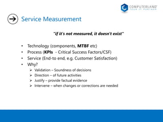 Service Measurement 
"if it's not measured, it doesn't exist" 
• Technology (components, MTBF etc) 
• Process (KPIs - Critical Success Factors/CSF) 
• Service (End-to end, e.g. Customer Satisfaction) 
• Why? 
 Validation – Soundness of decisions 
 Direction – of future activities 
 Justify – provide factual evidence 
 Intervene – when changes or corrections are needed 
 